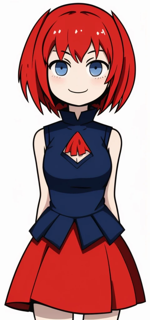 [less8 Pacman ghost], ((Masterpiece)), ((High Definition)), ((high quality)), ((detailed shading)), ((beautiful rendering art)), ((solo portrait)), ((whole body)), ((front view)), ((intricate details)), standing, by Pixelsketcher, dress, Blue eyes, Red hair, red dress, short hair, BIG BREASTS, short dress, shoes, red shoes, defined neckline, sleeveless dress,(Blue socks), human,hair ornament, White background, Alone, hands on the hips, blushing, wicked smile  