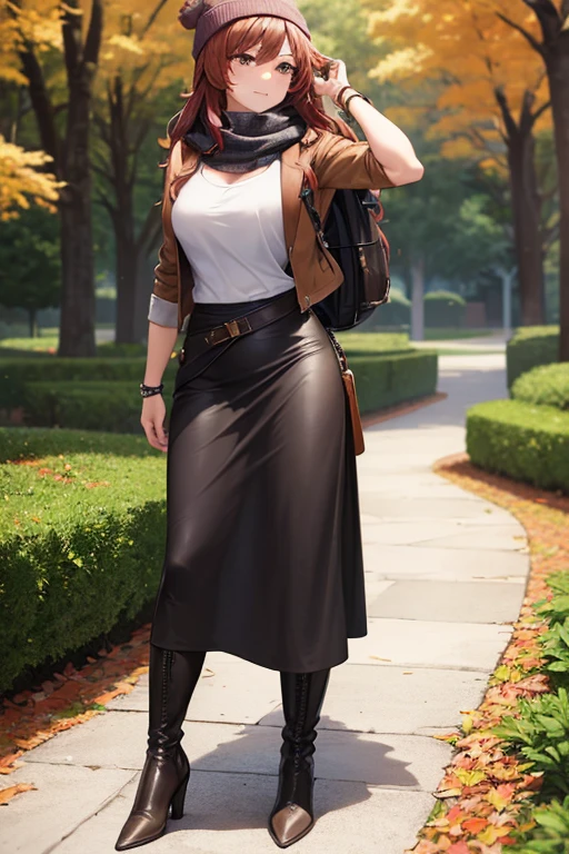 ((masterpiece, best quality, ultra-detailed)), beautiful woman walking through a fall garden, brown leather jacket with gray t-shirt, scarf, beanie, bracelet, black maxi skirt, leather boots, backpack, full body, long hair, wavy hair, fall garden, leaves, night