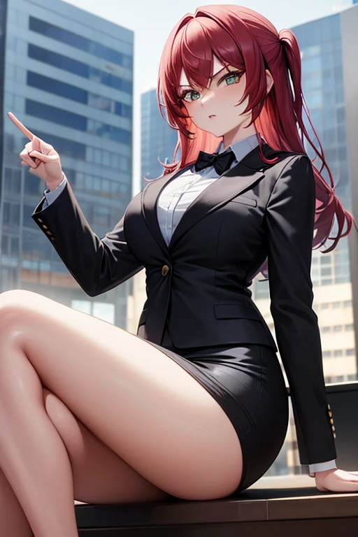 ((masterpiece, best quality, ultra-detailed)), beautiful angry business woman pointing at viewer, black business suit, pink blouse, black midi pencil skirt, business skirt, black blazer, heels, full body, red hair, office building, office desk in background, window