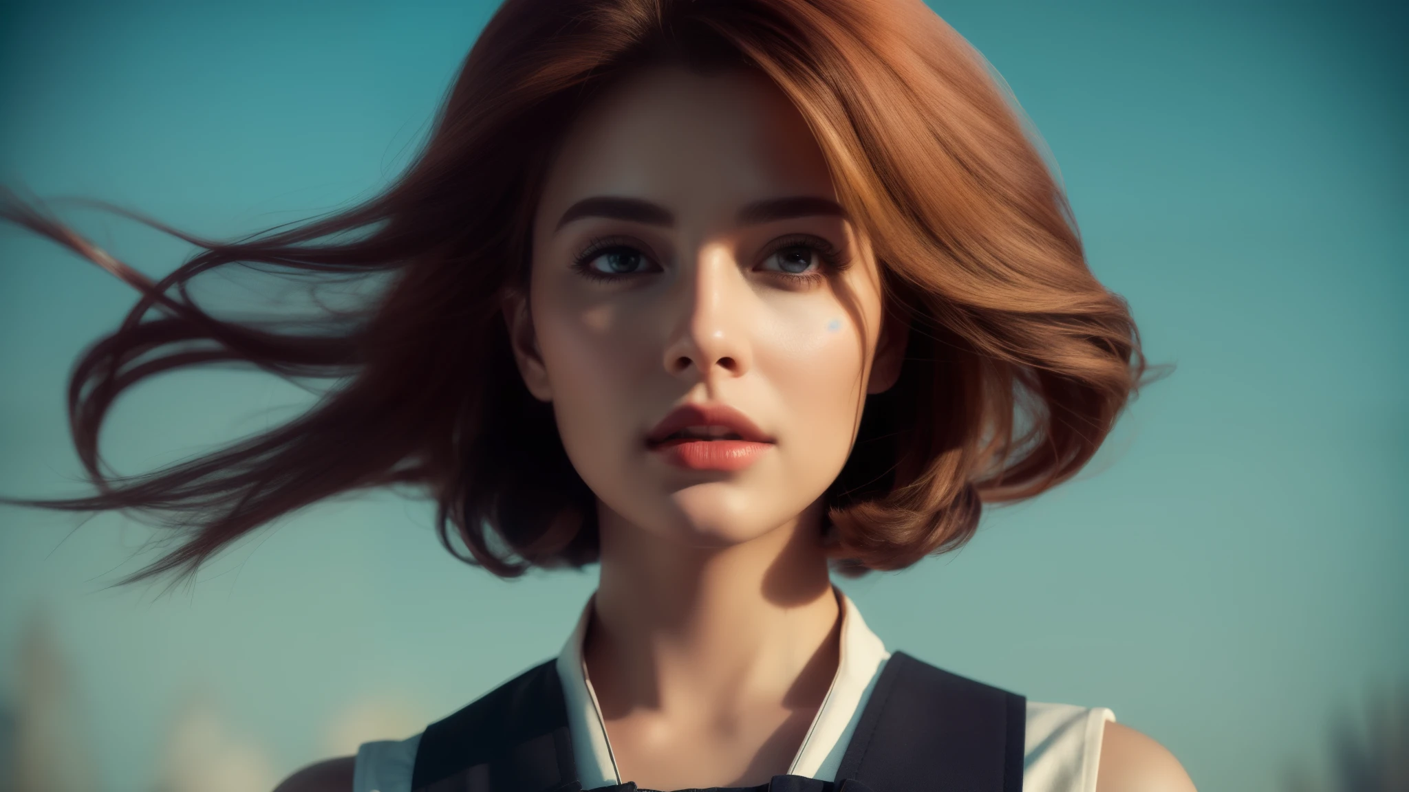 solo, concept art, surreal, hollywood actress, stunning beautiful face, beautiful body, beautiful face, highly detailed, 8K, aerial view of a beautiful Bollywood model beautiful, wearing dark orange Pinafore by Funny Somali Emerald, caramel hair styled as Short hair, fluorescent Purple hair tie, 360 rectangle, Highres, [(art by Willi Baumeister:1.1), (art art by John T. Biggers:1.2)::17], official art, unity wallpaper 8k, extremely detailed, aesthetic, masterpiece, best quality , photorealistic