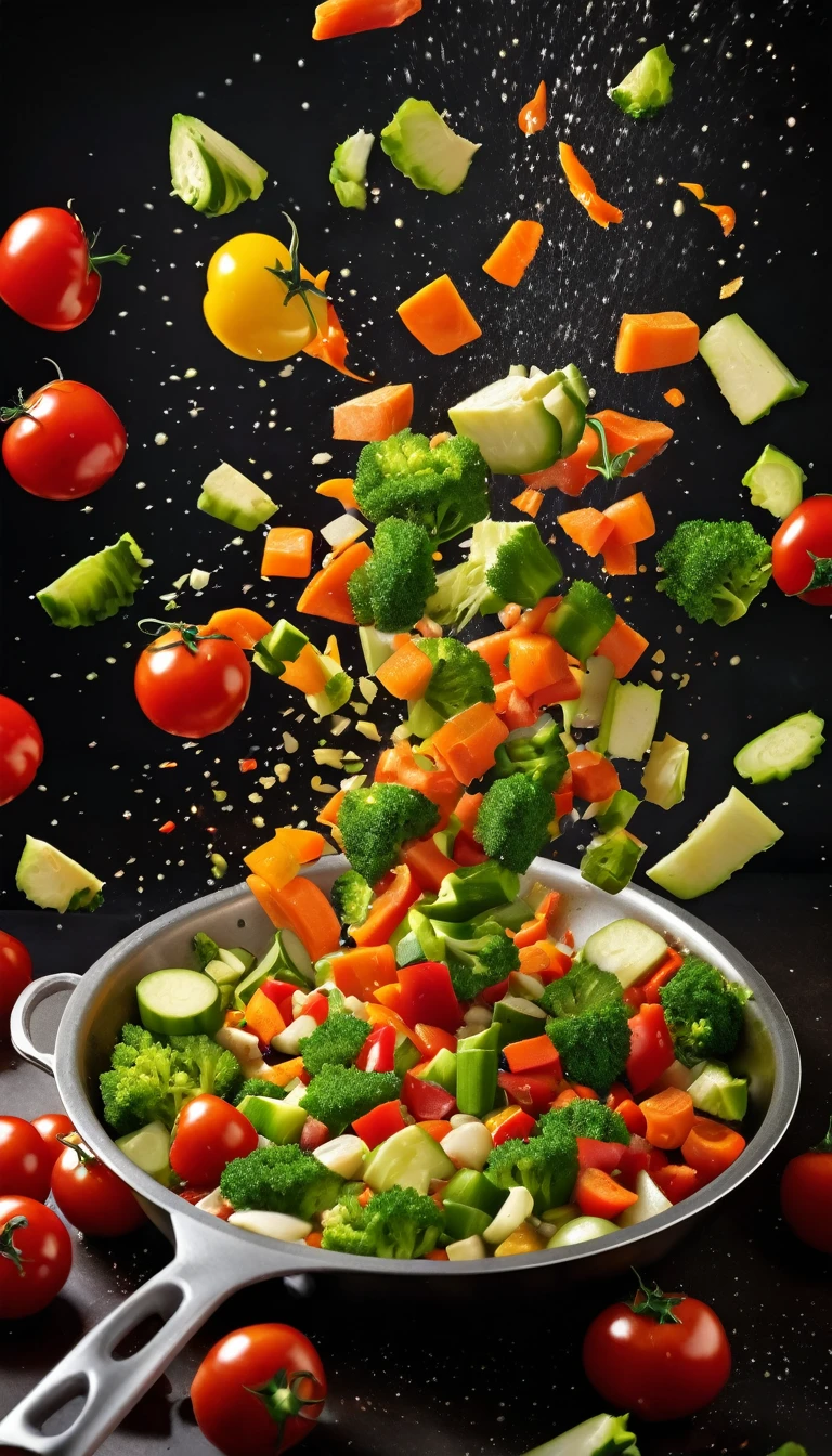 a picture of chopped vegetables falling into a pan like in a commercial