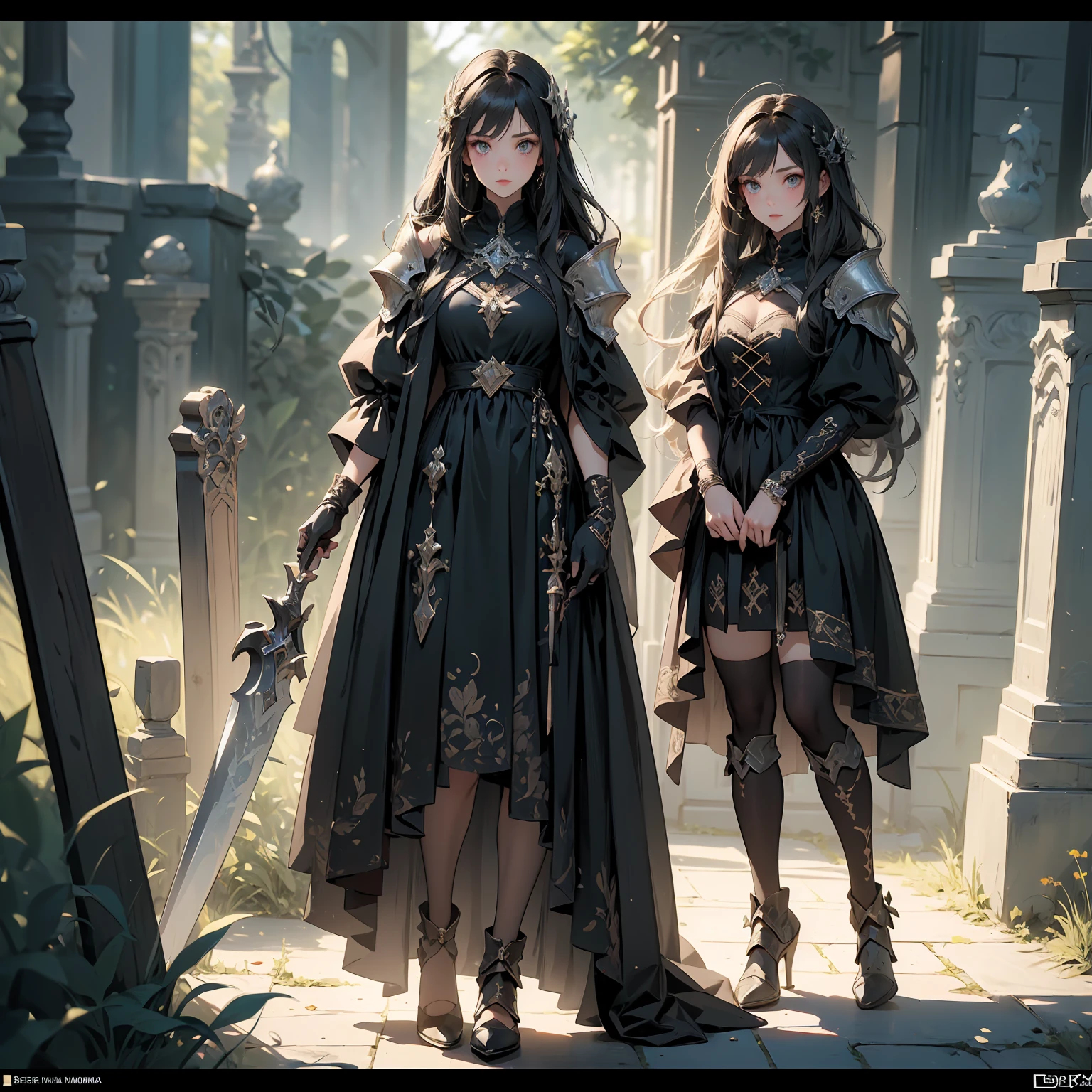 (((masterpiece, best quality, high detailed, 8k))) Design a layout showcase Gaming character, (1girl). Black|Gold clothes, stylish and unique. ((showcase weapon:1.4)), dark scythe. (masterpiece:1.2), (best quality), 4k, ultra-detailed. (Step by step design, layout art:1.5), (luminous lighting, atmospheric lighting). necromancer, ((glove full hands)), (((revealing clothes:1.3))), vambraces, armored legwear, (((full_body_shot:1.4))). {In a haunted graveyard}.