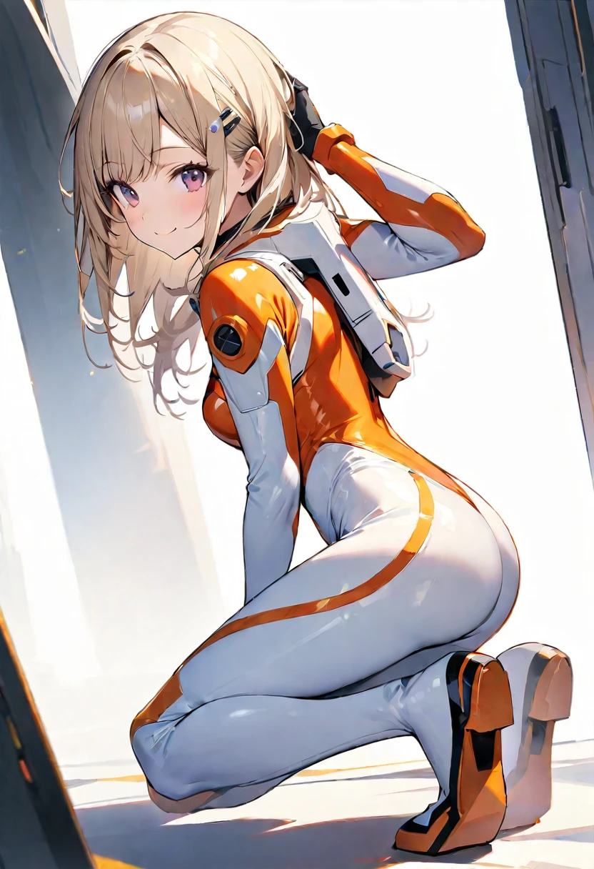 (masterpiece:1.2),Highest quality,Pixiv ,One girl,alone,View your viewers,,smile,White background only,whole body,From the side,One knee,,Look to the side、white background only、Hair Clip, wise_Bodysuits, Pilot Suit, gloves, Plug Suit, 白のBodysuits、No background