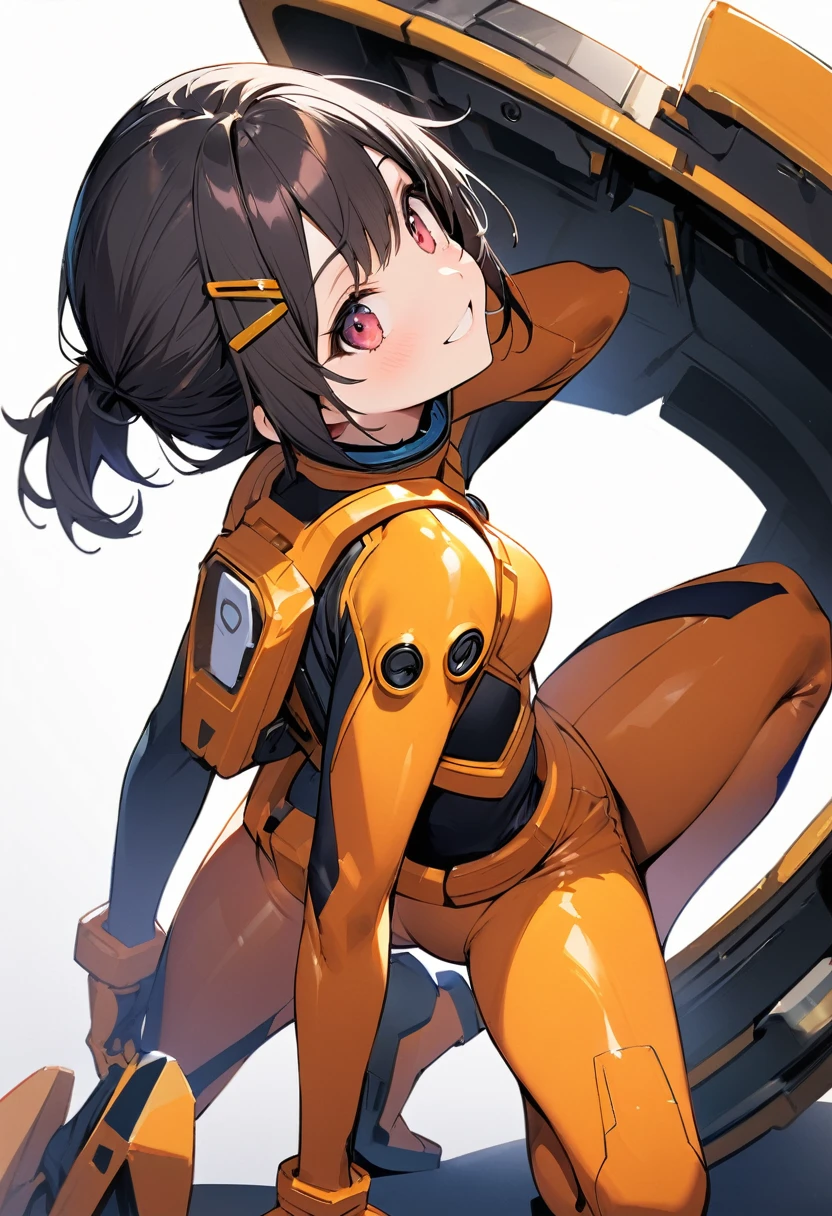 (masterpiece:1.2),Highest quality,Pixiv ,One girl,alone,View your viewers,,smile,White background only,whole body,From the side,One knee,,Look to the side、white background only、Hair Clip, wise_Bodysuits, Pilot Suit, gloves, Plug Suit, 白のBodysuits、No background