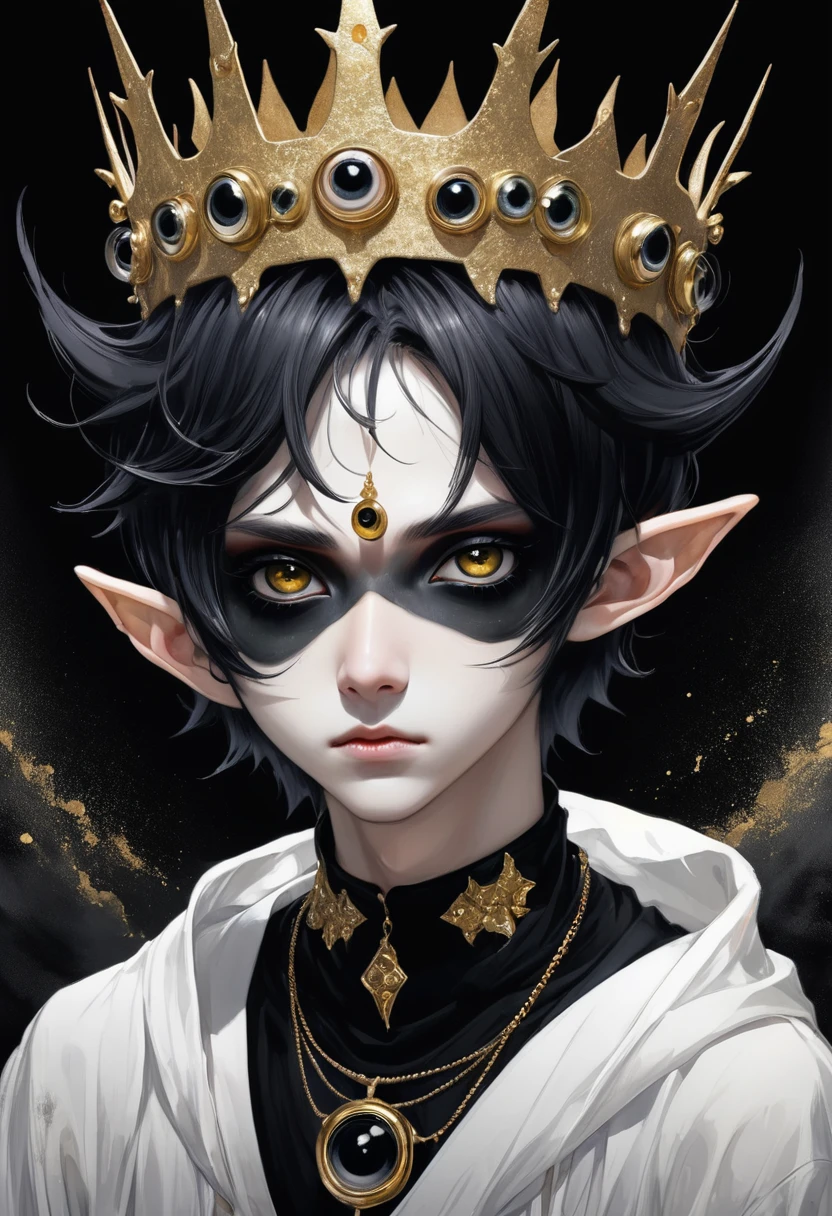 Japanese Anime,Second Dimension,Horror style,horror character,(((Three-eyed boy,独奏,third eye on the forehead,Dark eyeshadow,White short hair,Elf ears,Exaggerated golden crown-eyeball decoration))),(((Wrapped in bandages))).(((body movements:1.6,Break free,struggle))).(style of santiago caruso,Tattoo on the neck),Ink smudged black background blur