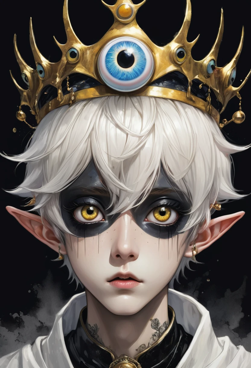 Japanese Anime,Second Dimension,Horror style,horror character,(((Three-eyed boy,独奏,third eye on the forehead,Dark eyeshadow,White short hair,Elf ears,Exaggerated golden crown-eyeball decoration))),(((Wrapped in bandages))).(((body movements:1.6,Break free,struggle))).(style of santiago caruso,Tattoo on the neck),Ink smudged black background blur