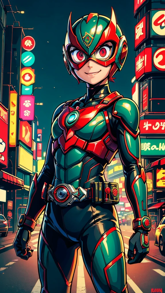 (8k),(masterpiece),(Japanese),(8-year-old girl),((innocent look)),((Childish)),From the front,smile,cute,Innocent,Kind eyes,Flat chest,red helmet,green domino mask, Merida, bald,no Hair,Strong wind,night,dark, Neon light cyberpunk city,Kamen_Rider,camisa