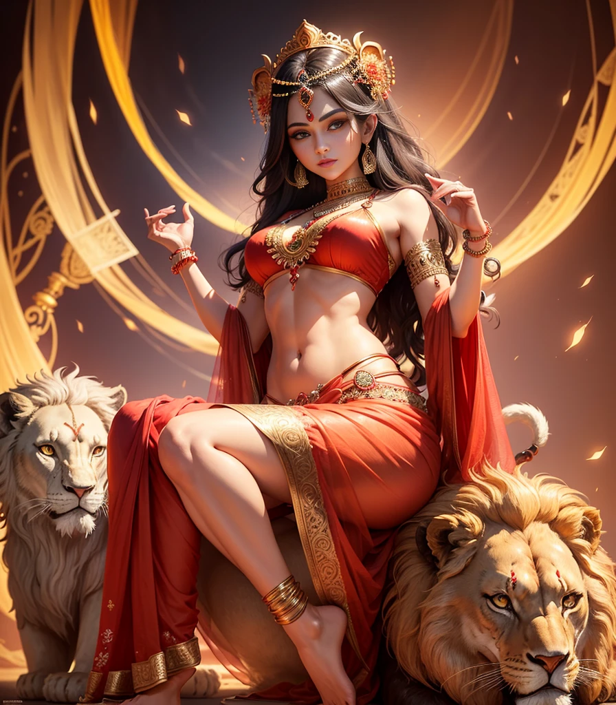 (highly detailed), (illustration), (intricate), (beautiful face), (attractive body), (complete body picture), modern indian goddess, Hinduism, (transparent red saree), dynamic pose, deity crown, (lion standing nearby), colorful, eye-catching, heavenly.