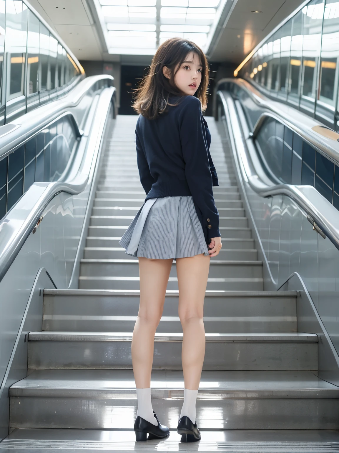 ((highest quality)), ((masterpiece)), (Familiar), 12 year old girl,A female junior high school student riding an escalator on her way to school、Glare、Navy Blazer、Shorts、Leather shoes、Very short socks、Photo secrets、(A true view from below)、White socks close-up、Manga panel layout、manga style、manga、Station Escalator、Frames showing only the face and the back,(From below:0.1),(Black satin string bikini is visible:0.8)