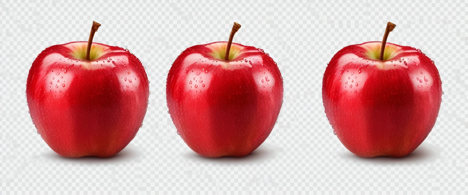 Soft Smooth Red Delicious Apples, Hyper Realistic Highly Detailed, with water droplets on apples, Isolated On Transparent Background Png File, pairs of three pairs of two separate apples