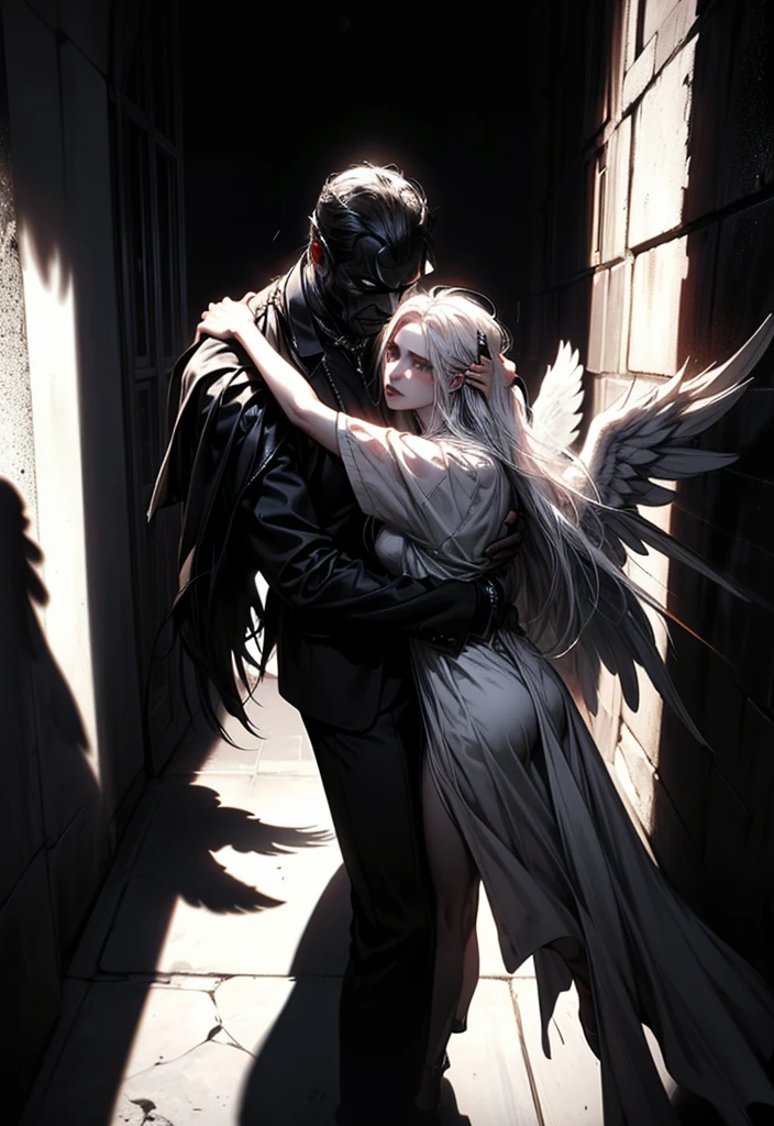 (masterpiece, top quality, best quality, official art, beautiful and aesthetic:1.2), extreme detailed, (fractal art), (black and white:1.5), (a girl embracing a shadow man in all black:1.5), (embracing), (tragic), large angel wings, dynamic angel, long hair flowing, occult, (oil painting), gloomy, holy, black background, side view, white hair
