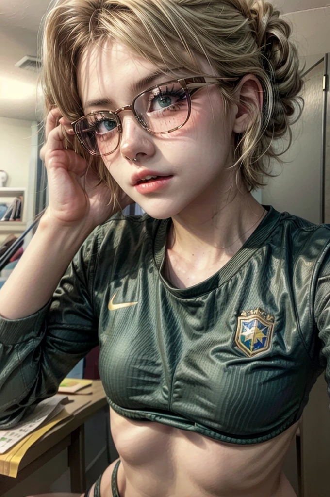 1 girl, blonde hair, short hair, updo hair, Brazil shirt, round eyewear, glasses, library, green eyes, solo, leaning towards viewer