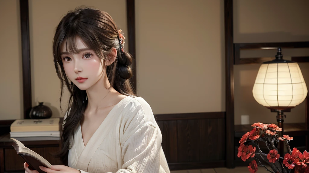 (masterpiece, Highest quality, Highest quality, beautifully、beautiful:1.2)、Big brown eyes、Beautiful Skin、Updo with bangs)、Very detailed,(Japanese-style room:1.3)、Sharp focus、High resolution、High resolution、High color rendering、High resolution、Ultra-realistic、Reading a book
