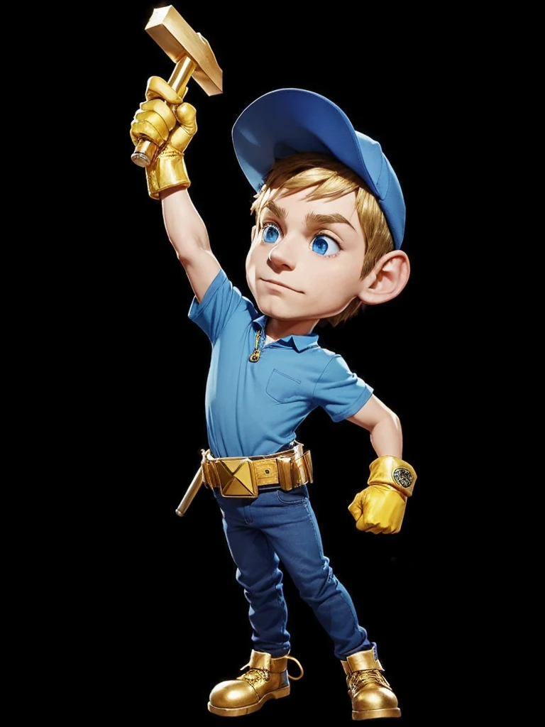 one men, with blue cap on head, with blue shirt, with blue pants, with yellow gloves on hands, holding a golden hammer in his right hand.