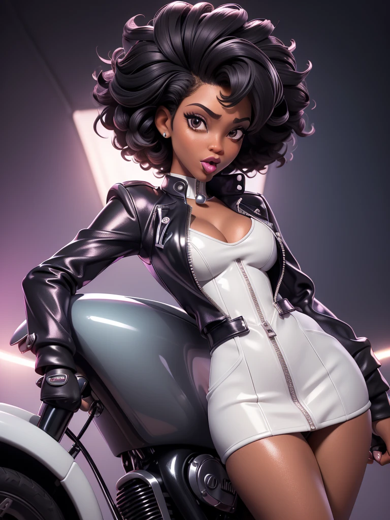 obra prima, melhor qualidade, ((one woman only,)) ((sage steele, dark black skin, afro kink bob hair, thin lips, shiny pearl lipstick,)) head back, ((sexy sultry wicked look, open mouth, pucker mouth,)) ((wearing shiny periwinkle pvc biker blazer,)) ((jacket is unzipped and wide open, small breasts, nip slip,)) jacket has padded puff shoulders, shiny leather gloves, ((shiny cream white micro mini pvc skirt,)) body is skinny, shiny tight buttocks, ((in luxury convertible, sexy tongue kissing, stick shift between legs,)) (camera view of whole body,) looking up at me, shallow depth of field, highres, HD, 8k, anatomically correct