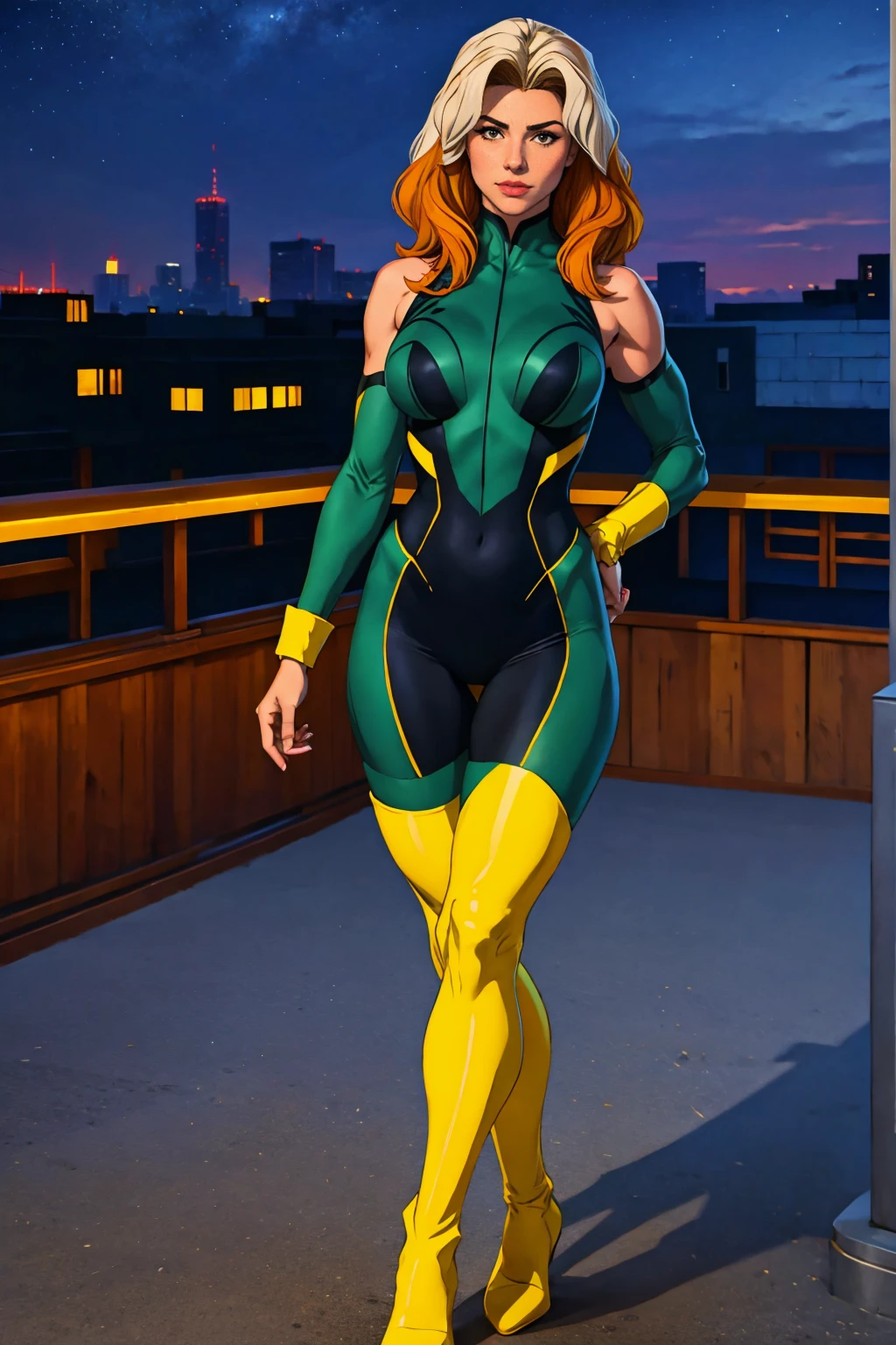 ((Full body photo, standing, feet on the floor)) (best quality,4k,8k,highres,masterpiece:1.2),ultra-detailed,(realistic,photorealistic,photo-realistic:1.37),full body shot,Rogue,X-Men,yellow thigh high boots,beauty pose, standing tall, show feet, outside, city rooftop at night, green headband