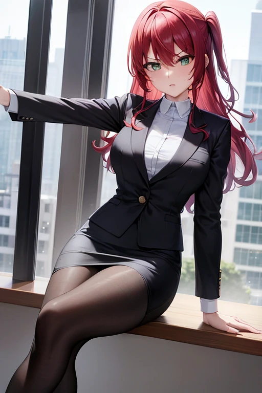 ((masterpiece, best quality, ultra-detailed)), beautiful angry business woman pointing at viewer, black business suit, pink blouse, black midi pencil skirt, business pencil skirt, black blazer, heels, full body, red hair, office building, office desk in background, window