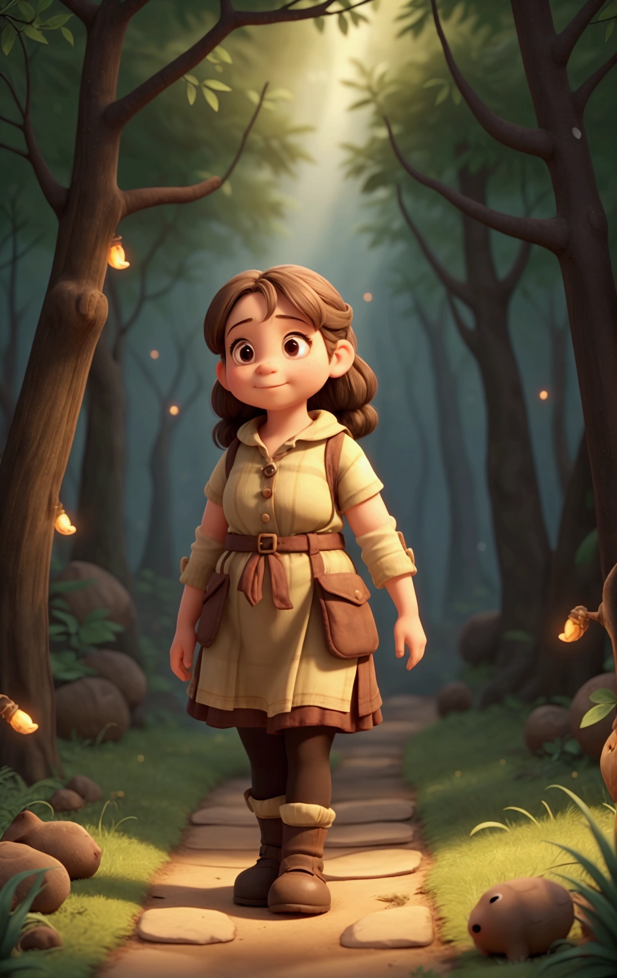 a dwarf girl, walks through the forest backwards, there is a groundhog, there are fireflies