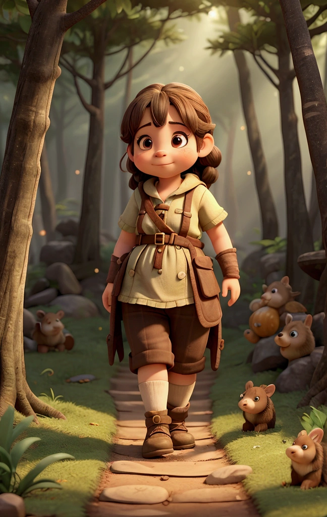 a dwarf girl, walks through the forest backwards, there is a groundhog, there are fireflies