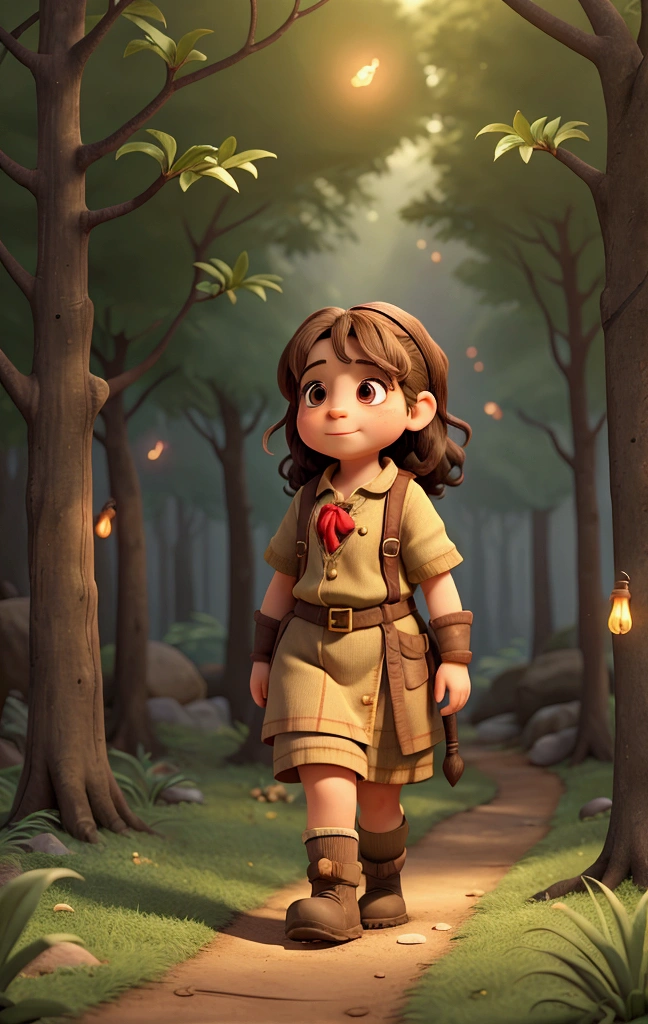 a dwarf girl, walks through the forest backwards, there is a groundhog, there are fireflies
