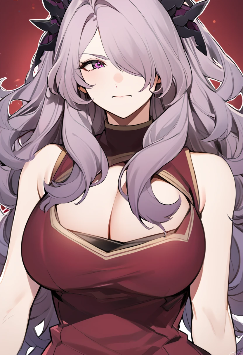 Anime, 1 girl, solo, sprCamilla, hair over one eye, kimtag, red student uniform, burgundy colored hair, camilla's huge long fuzzy hairstyle, busty, deep cleavage, genetics's high , firm strong body, expressive eye, perfect anatomy