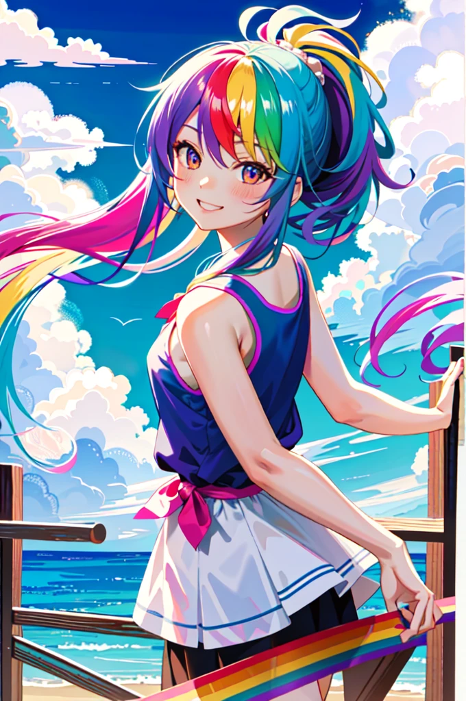 (masterpiece), best quality, high resolution, extremely detailed, detailed background, perfect lighting, (colorful, vivid color:1.4), 1girl, rainbow hair, cotton candy cloud, sky, smile