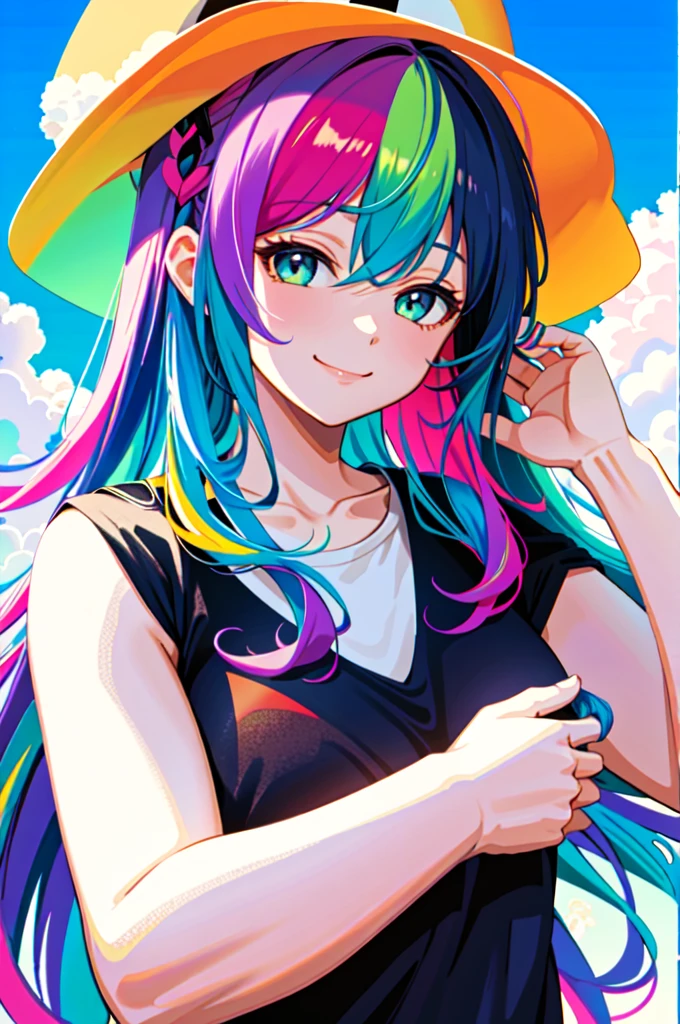 (masterpiece), best quality, high resolution, extremely detailed, detailed background, perfect lighting, (colorful, vivid color:1.4), 1girl, rainbow hair, cotton candy cloud, sky, smile