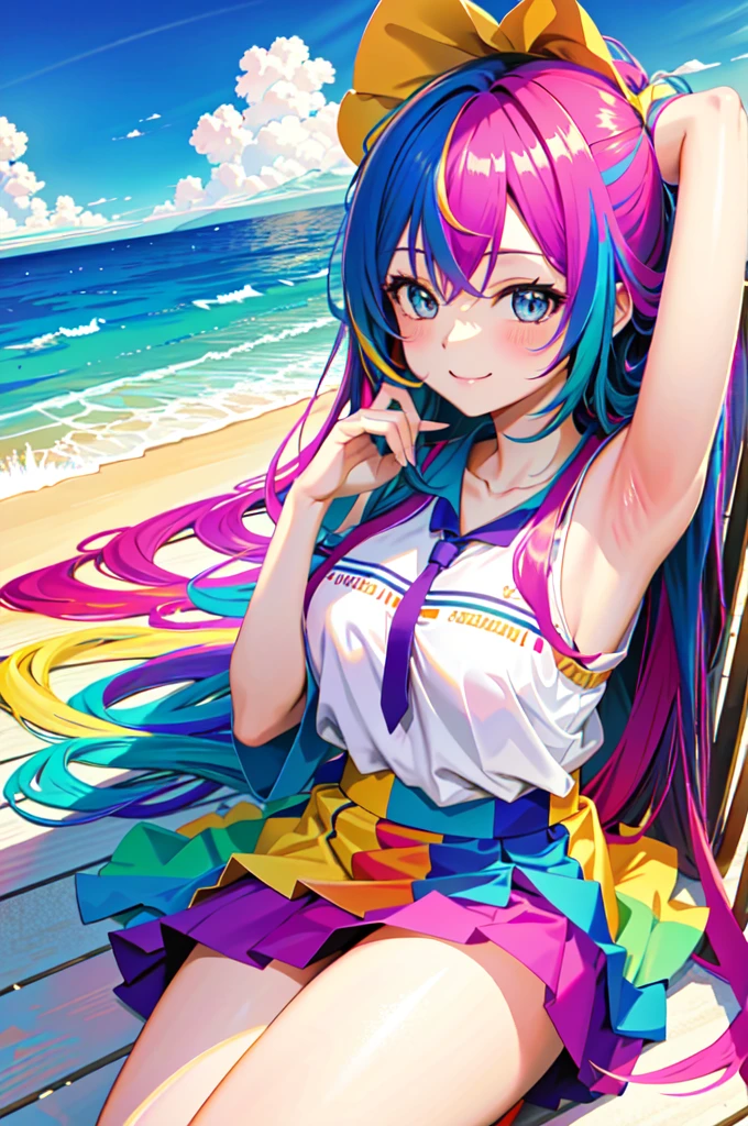 (masterpiece), best quality, high resolution, extremely detailed, detailed background, perfect lighting, (colorful, vivid color:1.4), 1girl, rainbow hair, cotton candy cloud, sky, smile