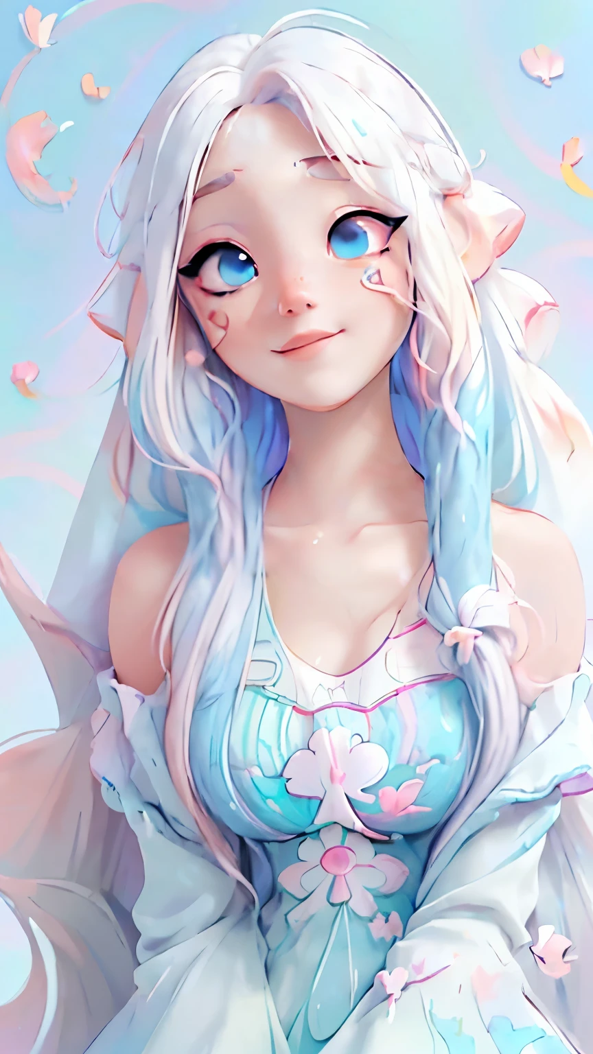 (Pink Fashion T-shirt:1.9),(Colorful hair: 1.8), (all the colours of the rainbow: 1.8),(((((vertical painting:1.6))), (painting:1.6),front, comics, illustrations, paintings, large eyes, crystal clear eyes,( rainbow color gradient high ponytail:1.7), exquisite makeup, closed mouth,(Small Fresh: 1.5),(Wipe Chest: 1.6) ,long eyelashes, white off shoulder T-shirt, White Shoulder Shirt,looking at the audience, large watery eyes, (rainbow colored hair:1.6), color splash, (solo:1.8), color splash, color explosion, thick paint style, messy lines, ((shining)),(colorful), (colorful), (colorful), colorful, Thick Paint Style, (Splash) (Color Splash), Vertical Painting, Upper Body, Paint Splash, Acrylic Pigment, Gradient, Paint, Highest Image Quality, Highest Quality, Masterpiece, Solo, Depth of Field, Face Paint, colorful clothes, (Elegant: 1.2), gorgeous,long hair, wind, (Elegant: 1.3), (Petals: 1.4),(((masterpiece))),(((best quality))),((ultra-detailed)),(illustration),(dynamic angle),((floating)),(paint),((disheveled hair)),(solo),(1girl) , (((detailed anima face))),((beautiful detailed face)),collar,bare shoulders,white hair, ((colorful hair)),((streaked hair)),beautiful detailed eyes,(Gradient color eyes),(((colorful eyes))),(((colorful background))),(((high saturation))),(((surrounded by colorful splashes))),