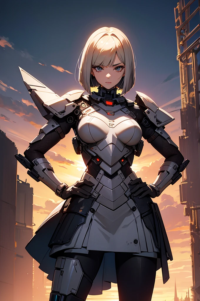 masterpiece, best quality, ultra detailed, 4K, no bad anatomy and fingers, stylish pose, hands on hips, standing, cyborg beautiful girl, face like a Paris Collection model, asymmetrical bob cut with mesh highlights, wearing dress armor by top designer, flight unit on her back, outside ruins after sunset, giant Mars in the background, anime style, ink painting, rough lines, tilted camera to make her look imposing, cinematic ,