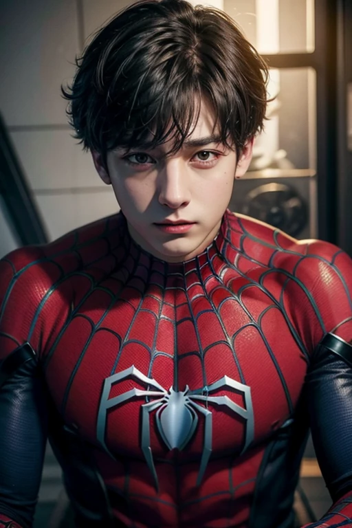 Jungkook IA, Spider-Man's costume only showing the neck up without chewing, Jungkook BTS bro, AI realistic style Jungkook only the face showing and spiderman costume on the rest of the realistic body Portrait,Photorealism,Hyperrealism,Ultra-realism