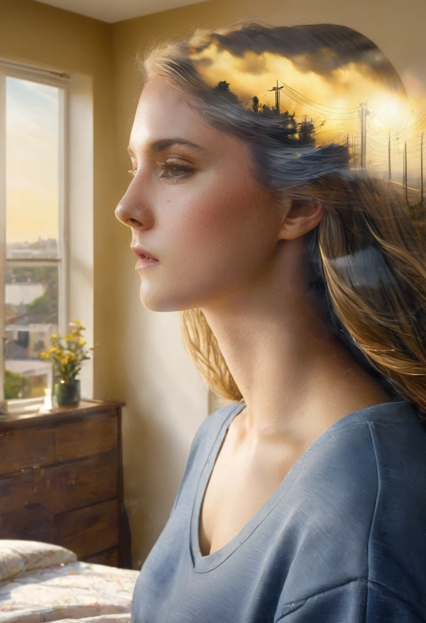 She is at her window the wind moves her long hair she is wearing school clothes , He is just looking at the horizon but his face fills the entire image., She is in her bedroom at home. ,very realistic realistic style , She is in a golden point of the composition in the rule of thirds. The background is blurred to highlight her. The lighting is nostalgic. The shadows have more volume and create a sad, nostalgic atmosphere full of despair. ,24k uses the latest light technology from the promts