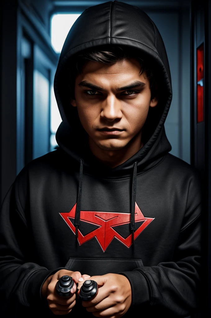 Gamer boy mascot with a black sweatshirt and sinister appearance and the letters say ``Akerman``