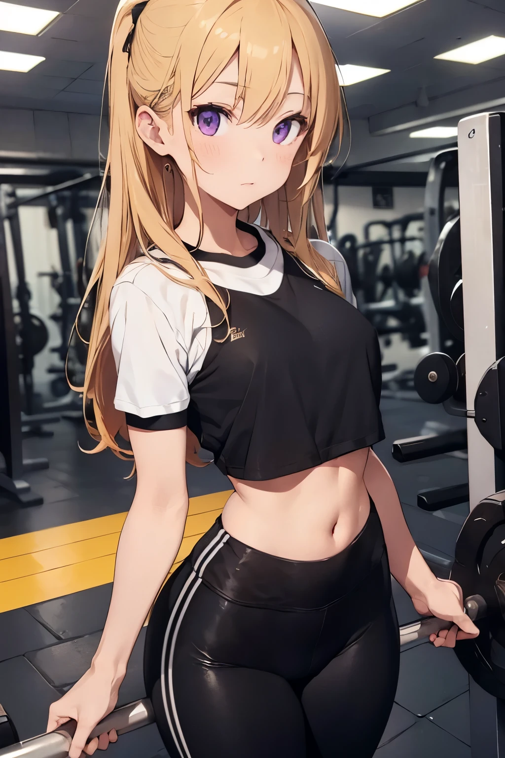  in the gym with blonde hair cropped black black leggings written strong on the shirt with white letters she has purple eyes and is well detailed 