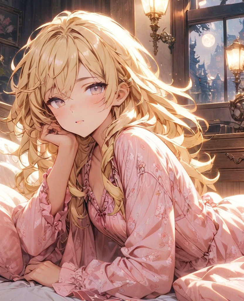 boyish　Slanted Eyes　Blonde　whole body　Nightwear　moonlight　B　At the bed