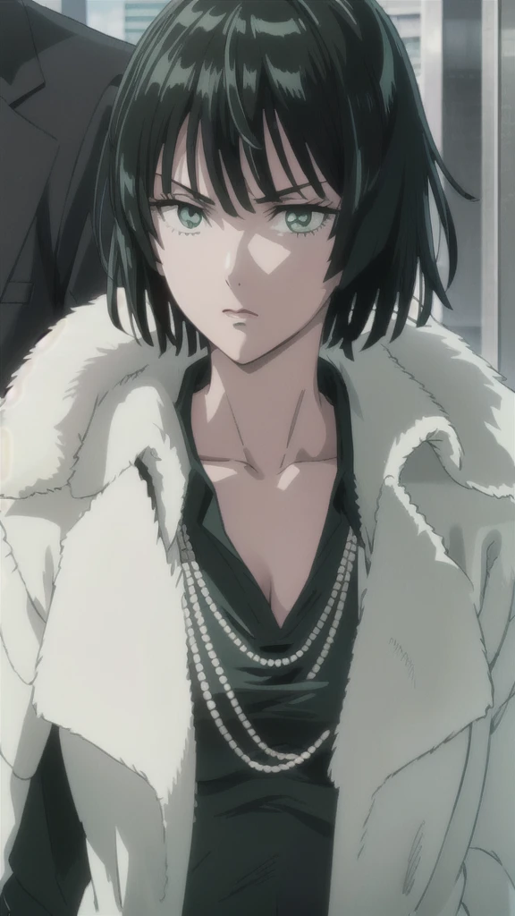 (((pixel-perfect, detail-perfect))), solo, 1girl, fubuki, fur coat, collared dress, collarbone, necklace, looking at viewer, closed mouth