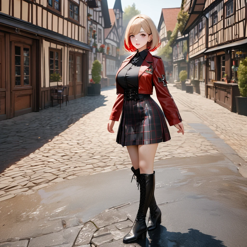 A woman wearing a long-sleeved red jacket, black shirt, wearing a plaid skirt with red and black colors, leather boots, blonde hair, short hair, red bangs, big breasts, multicolored hair, brown eyes, perfect face, perfect eyes, lips perfect, walking on a sidewalk in a traditional German town, traditional German houses, standing posture, iron cross clip in hair,UHD , prime work , accurate , anatomically correct , textured skin , super details , high quality , best quality, 8k, high resolution, bokeh effect. (woman solo), realistic, close view

