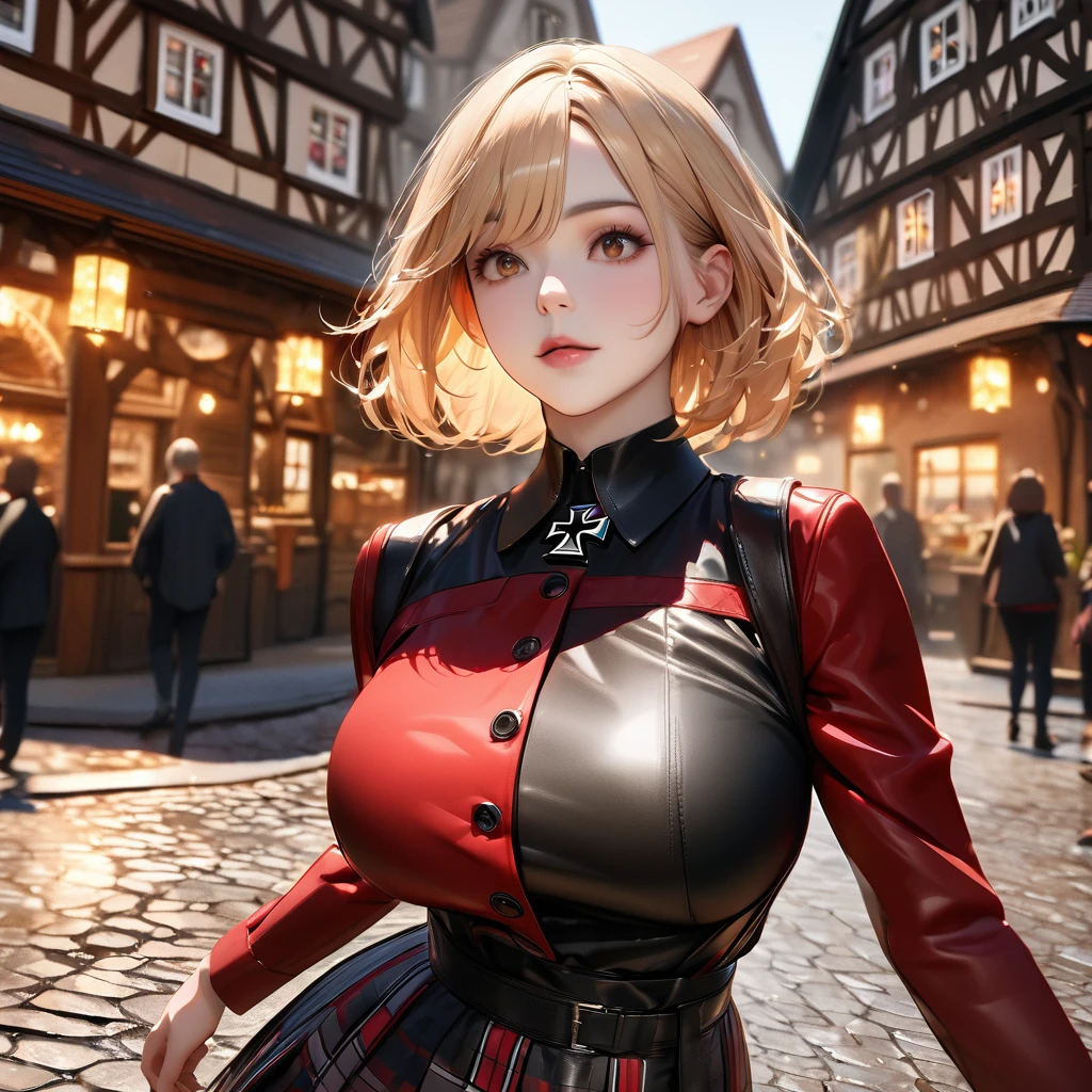 A woman wearing a long-sleeved red jacket, black shirt, wearing a plaid skirt with red and black colors, leather boots, blonde hair, short hair, red bangs, big breasts, multicolored hair, brown eyes, perfect face, perfect eyes, lips perfect, walking on a sidewalk in a traditional German town, traditional German houses, standing posture, iron cross clip in hair,UHD , prime work , accurate , anatomically correct , textured skin , super details , high quality , best quality, 8k, high resolution, bokeh effect. (woman solo), realistic, close view

