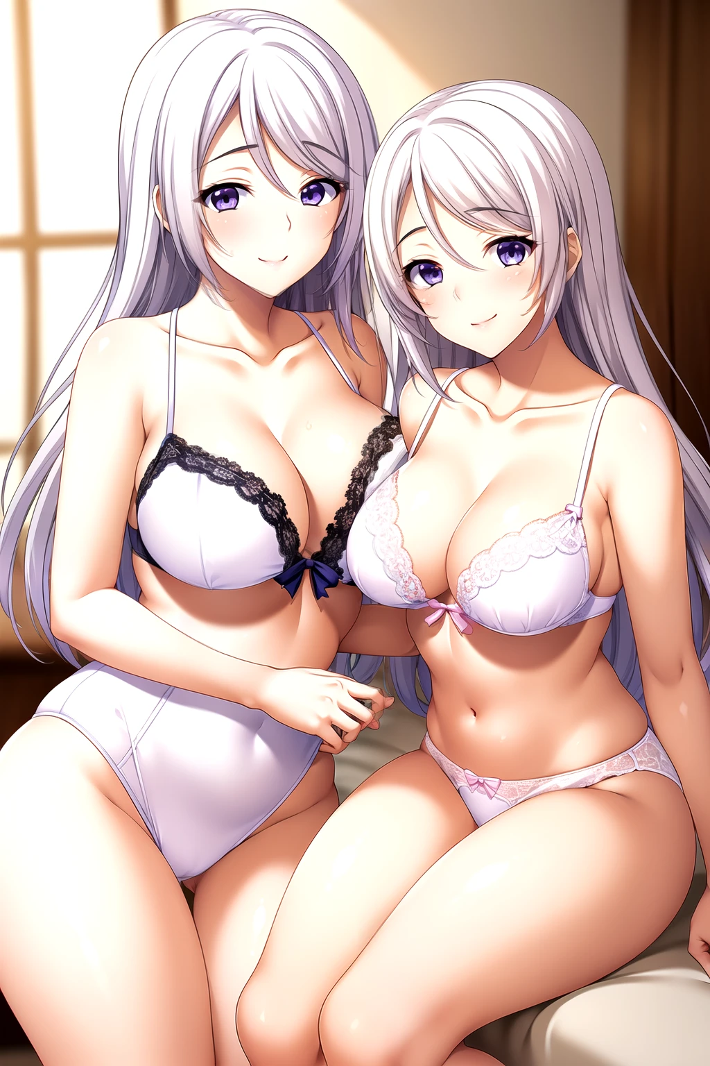 2 girls, mother and daughter, mother (Watase Otoha, blue eyes, Blond Hair), daughter(Watase Nagisa, violet eyes, White Hair),Light滑的皮肤, Good, lace, underwear,Full body pictures, 25 years old,Young women,beautiful Finger,beautiful long legs,beautiful body,beautiful Nose,beautiful character design, perfect Eye, perfect Face,expressive Eye,Perfect balance, Looking at the audience,(Focus on her Face),housing, (Innocent_Big goals_Eye:1.0),Light_Smile, Official Art,Very detailed CG unity 8k wallpaper, Perfect lighting,rich and colorful, bright_front_Face_Lighting,Light skin, (masterpiece:1.0),(the best_quality:1.0), Ultra-high resolution,4K,Very detailed, photography, 8K, Human Development Report, high resolution, absurd:1.2, Kodak Portrait 400, Film Grain, Blurred background, Bokeh:1.2, Lens Light Halo, (Energetic_color:1.2),专业photography师, (beautiful,Chest:1.3 (beautiful_Face:1.5),(narrow_waist),Smile, Happy，Slim,2 girls, mother and daughter, Good, underwear