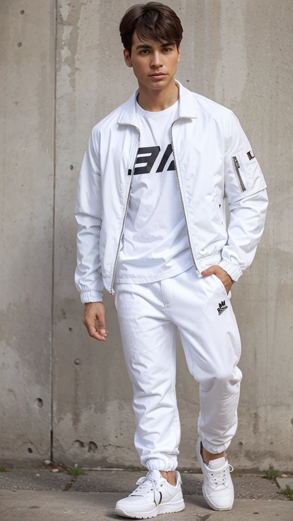 Boy shape  rock jacket, white pants, white sneakers 