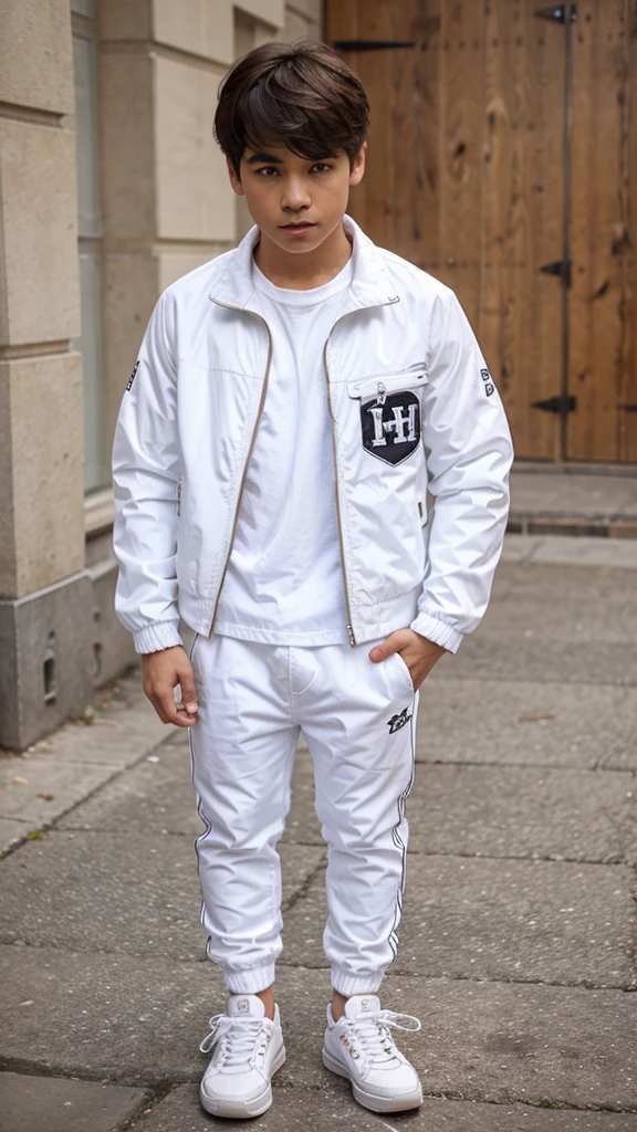 Boy shape  rock jacket, white pants, white sneakers 