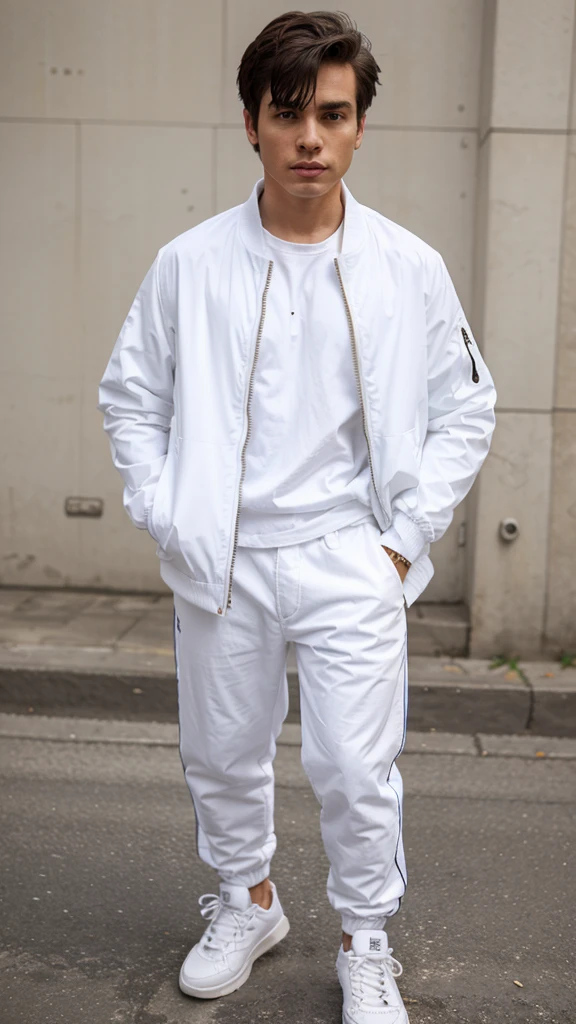 Boy shape rock jacket, white pants, white sneakers