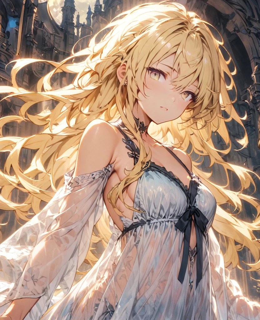 boyish　Slanted Eyes　Blonde　whole body　　moonlight　negligee