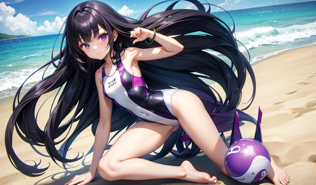 Twelve-year-old girl with long black straight hair，Purple and white one-piece swimsuit，kneel，beach