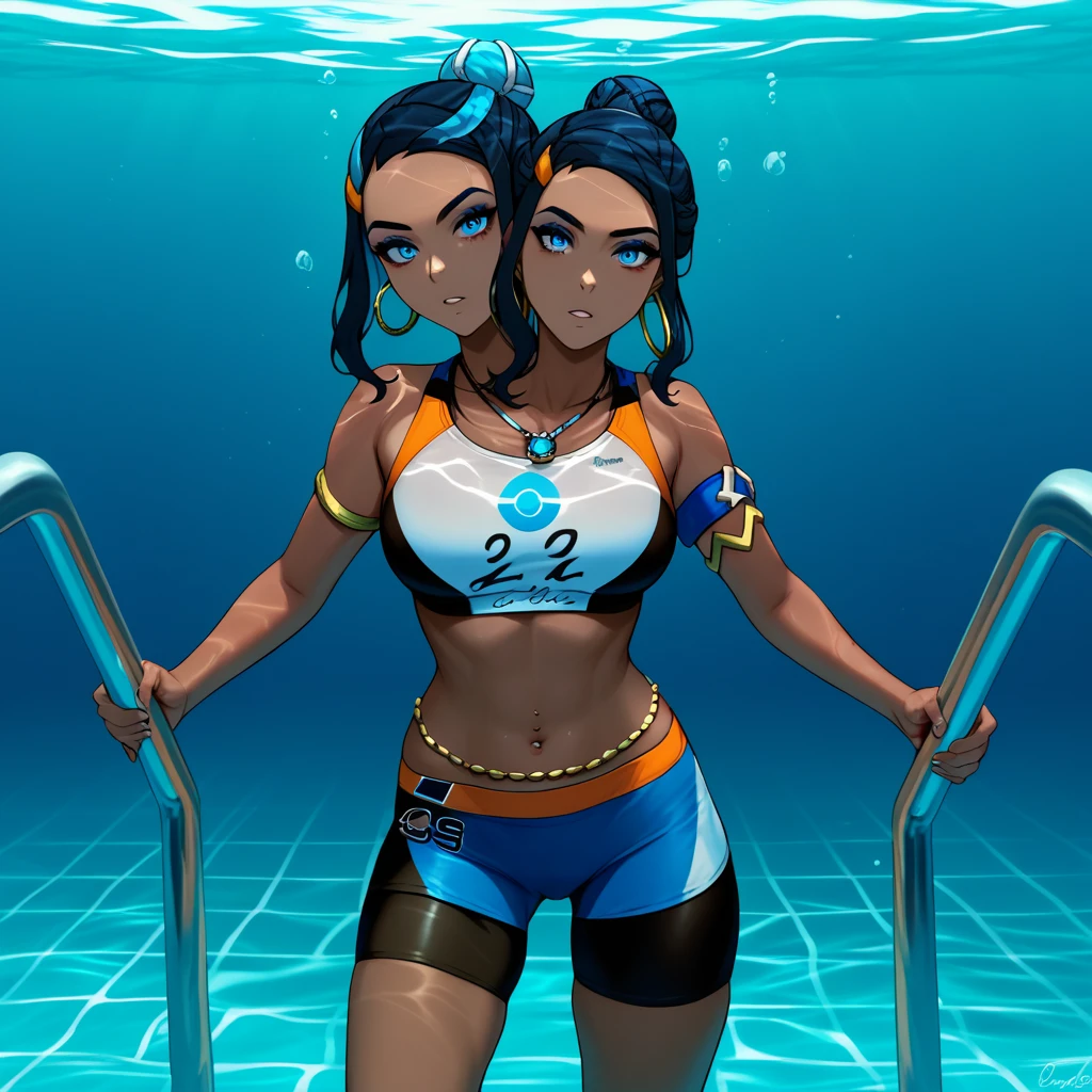 Conjoined, two heads, score_9, score_8_up, score_7_up, EPpkNessa,, blue eyes, black hair, blue hair, streaked hair, single hair bun, dark skin, dark-skinned female,, swimsuit, sportswear, blue eyeshadow, makeup, bike shorts, belly chain, navel, jewelry, hoop earrings, midriff, necklace, bikini, crop top, armlet, underwater, swimming, looking at viewer, , swimming pool