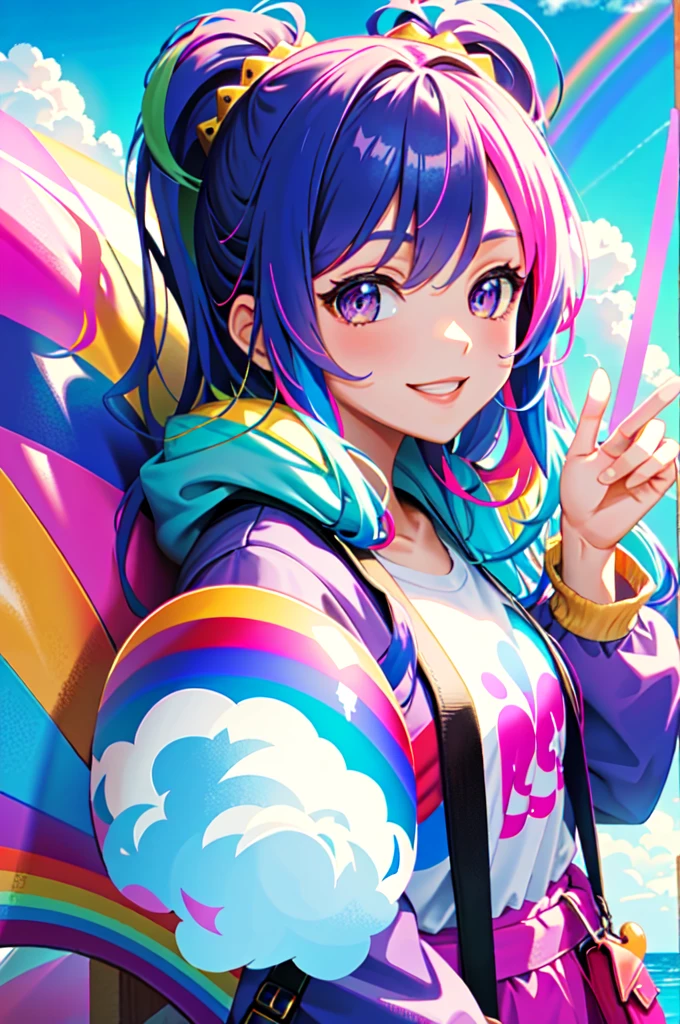 (masterpiece), best quality, high resolution, extremely detailed, detailed background, perfect lighting, (colorful, vivid color:1.4), 1girl, rainbow hair, cotton candy cloud, sky, smile