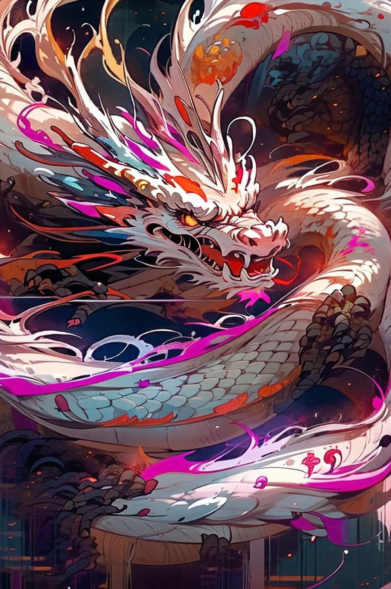 Dragon made of pure fire turned slightly to the right, made of pure fire, facing slightly to the right, close up, red dragon, dragon extremely close to the viewer, open mouth, wide open fire mouth