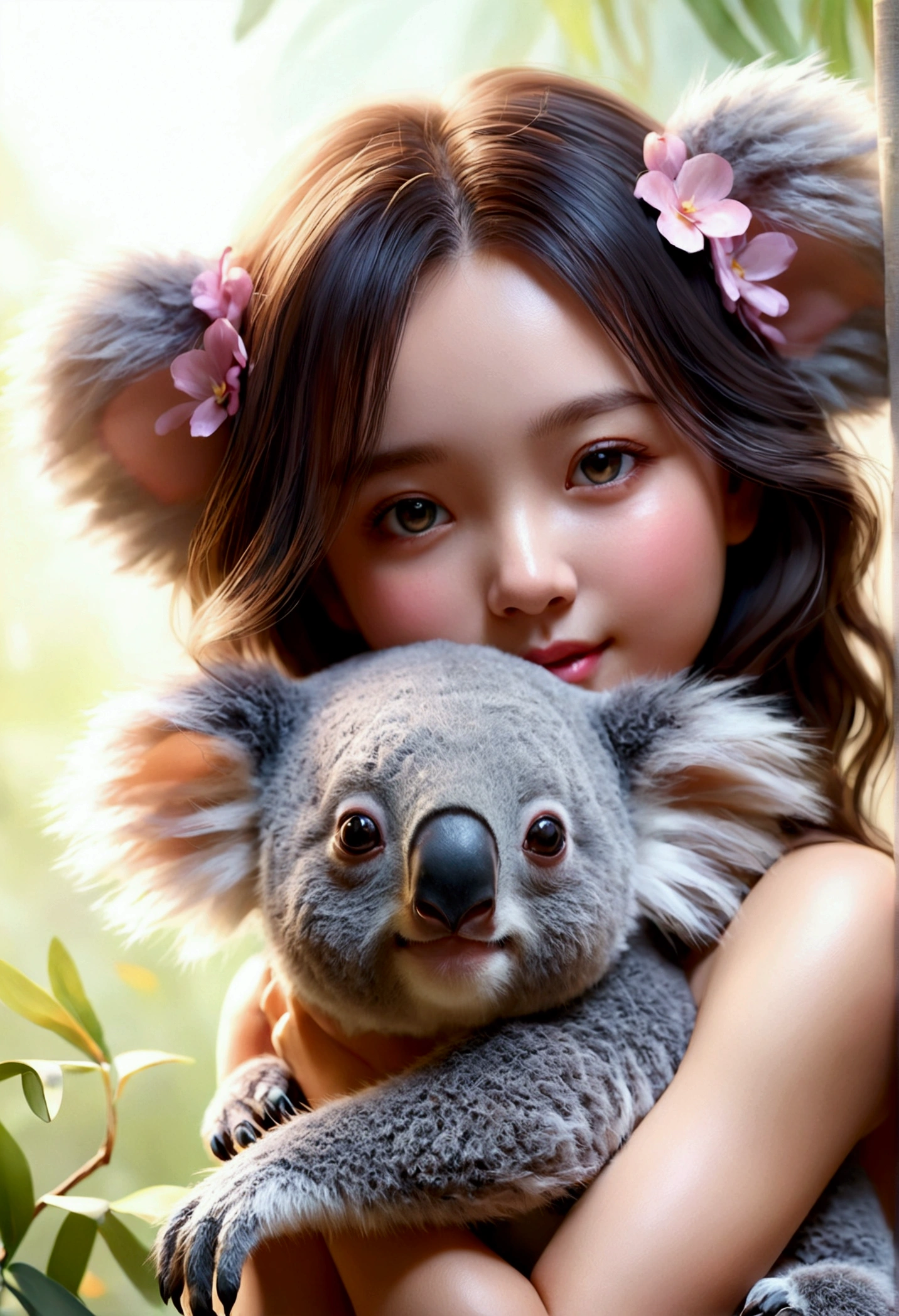 Beautiful with dreamy eyes, koala, Cute Girls, Volumetric Light, Ultra-realistic, Intricate details, shape, Painting, watercolor, Cute Chibi, , Young, ah!, Shallow depth of field, Pastel Color Palette, Soft lighting, Minimum, Modern, Digital Painting, Lois Van Belle、Ross Tran、Art by artgerm, Artstation HQのトレンド, Very detailed