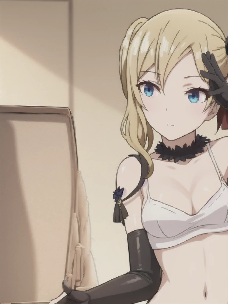 waving hair, side ponytail, lingerie, (elbow gloves)
