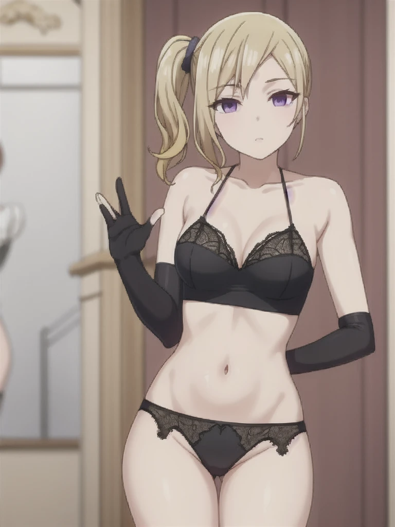 waving hair, side ponytail, lingerie, (elbow gloves)